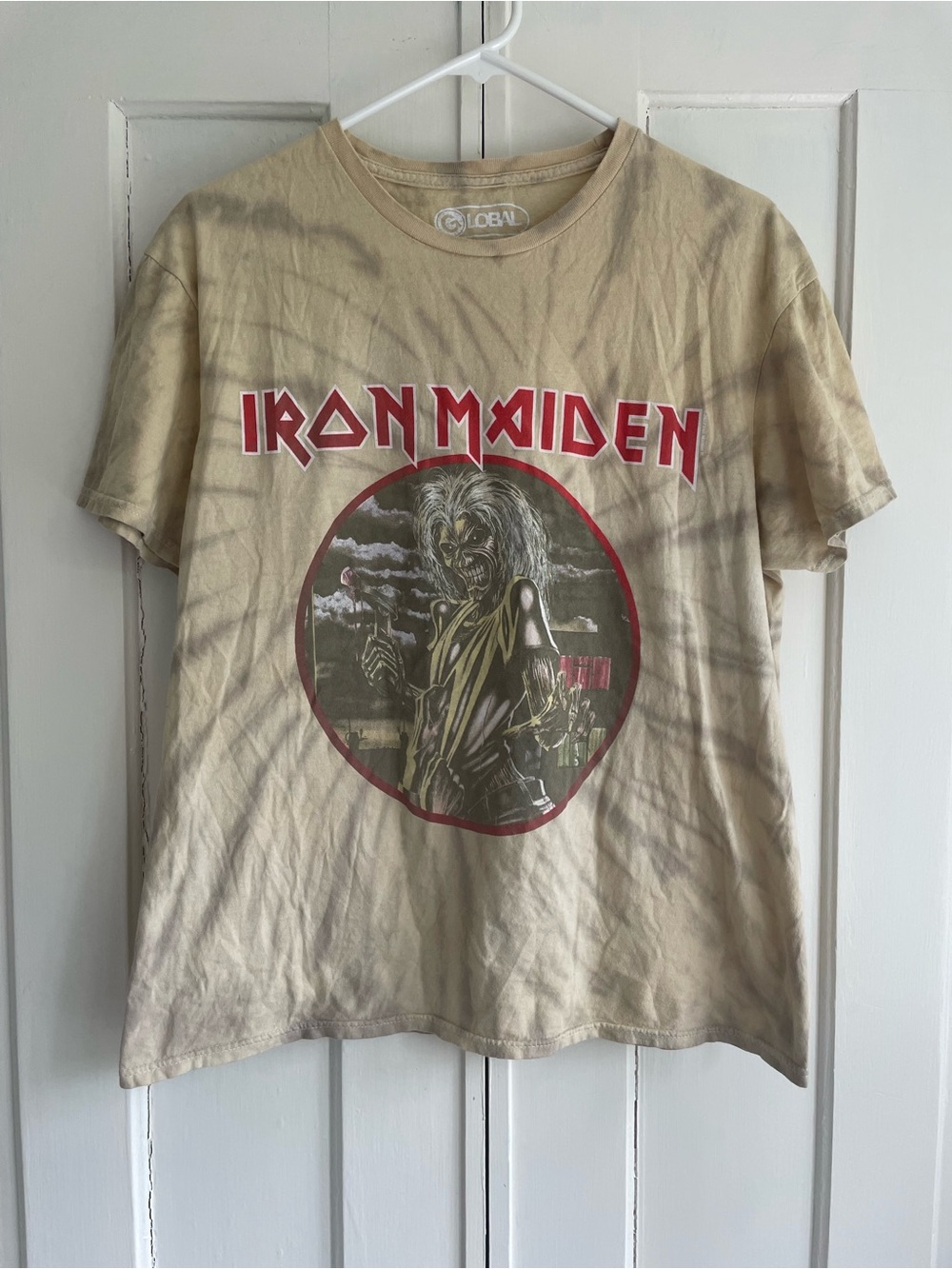 Iron Maiden T-Shirt Mens MEDIUM Beige Tan Tie Dye Heavy Metal Killers Eddie Rock